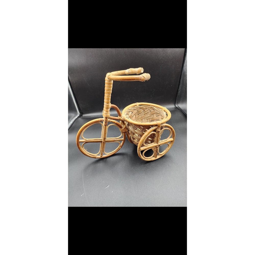 Vtg Wicker Bamboo Tricycle Bike‎ Planter Plant Pot Holder 10" Tall Handcrafted